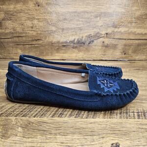 Lucky Brand Navy Embroidered leather loafer Flat Moccasin sz 6 M